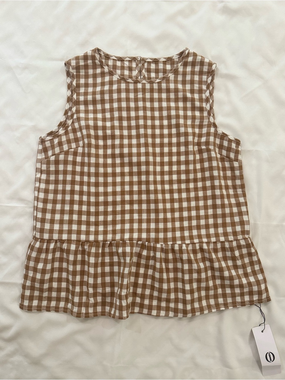 NWT Sleeveless Gingham Peplum Top, Brown and White, Size Small